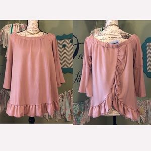 Mauve/pink bell sleeved ruffled flap back top Lg